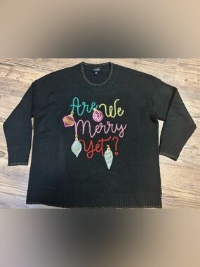 torrid Black Holiday Sweater with Gold Thread Detail and sequin wording Size 00
